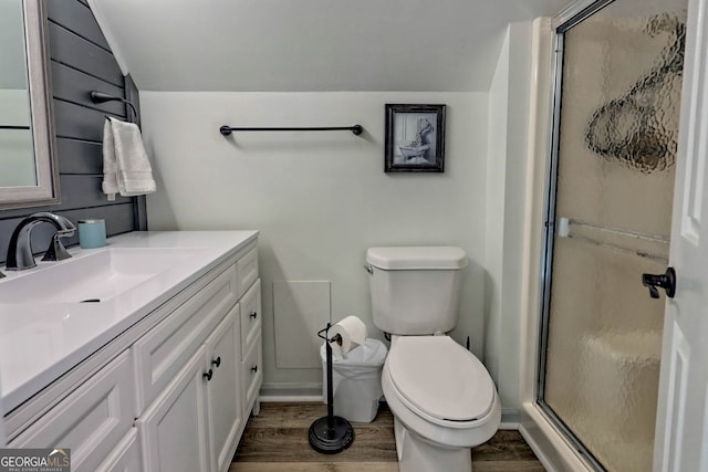 bathroom with vanity, wood-type flooring, toilet, and an enclosed shower