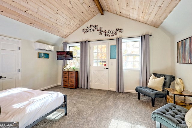 carpeted bedroom with wood ceiling, an AC wall unit, and vaulted ceiling with beams