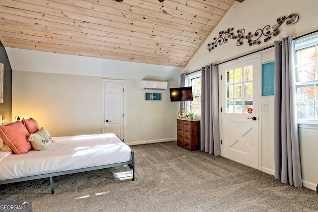 carpeted bedroom with a wall mounted air conditioner, wooden ceiling, and vaulted ceiling