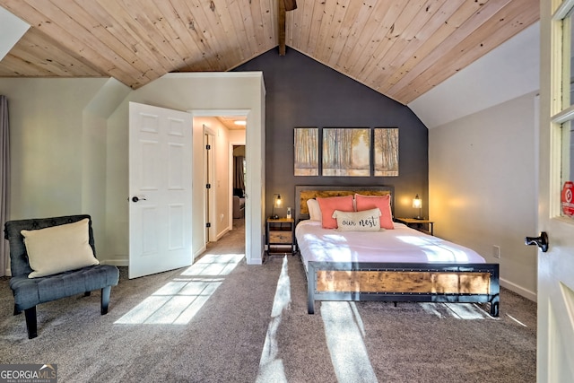 carpeted bedroom featuring lofted ceiling with beams and wood ceiling