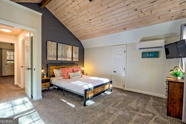 carpeted bedroom featuring an AC wall unit, lofted ceiling with beams, and wood ceiling