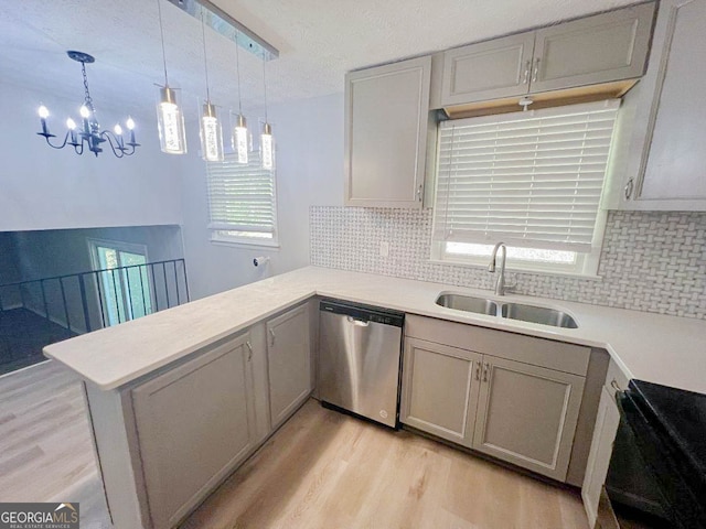 kitchen featuring kitchen peninsula, light wood-type flooring, dishwasher, decorative light fixtures, and sink