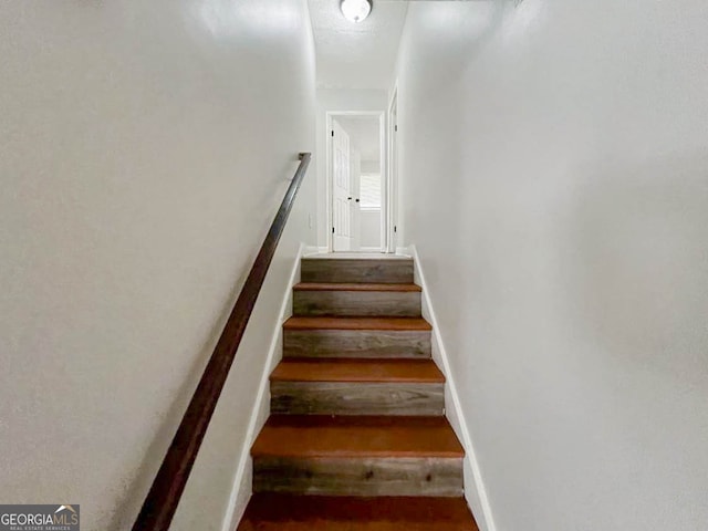 staircase with hardwood / wood-style floors