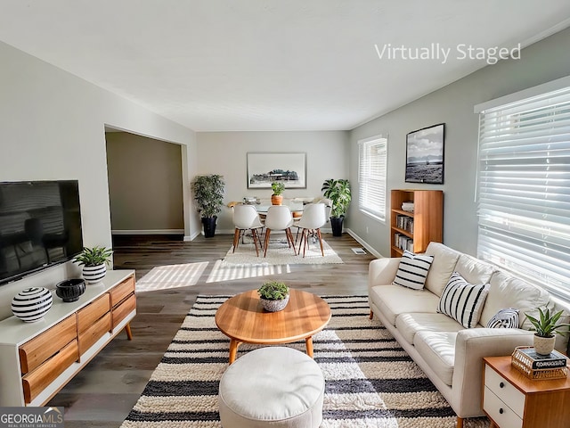 living room featuring dark hardwood / wood-style floors