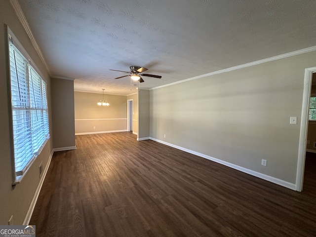 unfurnished room featuring ornamental molding, a textured ceiling, ceiling fan with notable chandelier, and dark hardwood / wood-style flooring