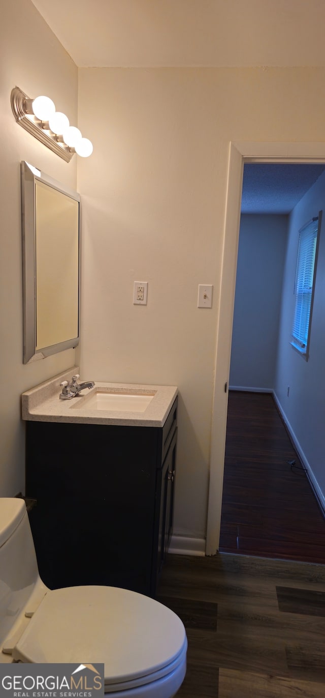 bathroom featuring vanity, toilet, and hardwood / wood-style floors