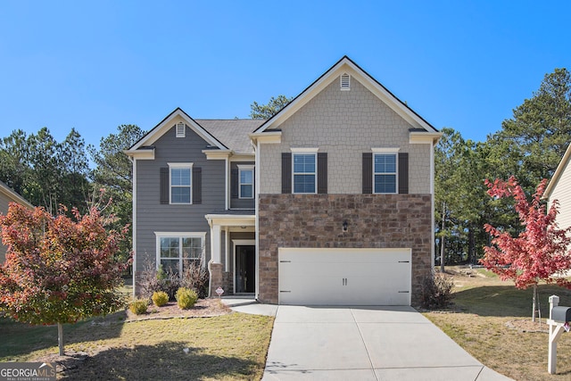 craftsman-style house with a garage and a front lawn