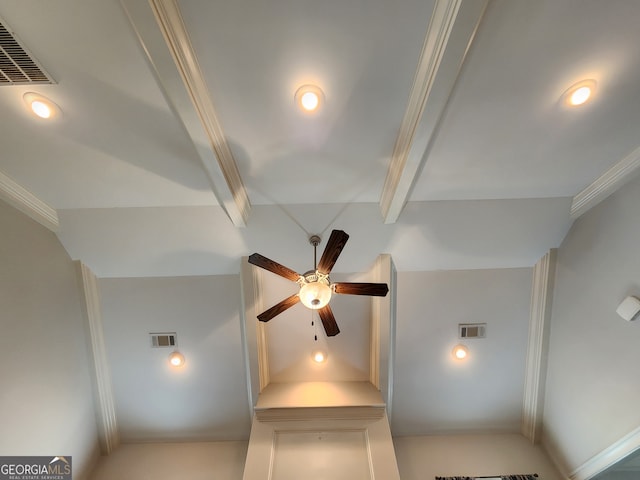 room details with beam ceiling, crown molding, and ceiling fan