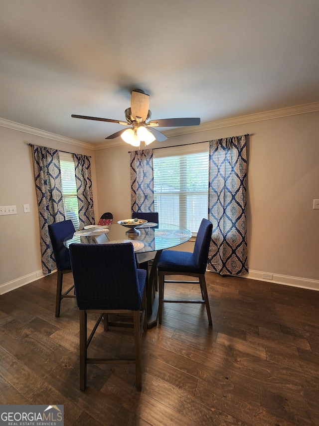 dining area with ceiling fan, plenty of natural light, and dark hardwood / wood-style floors