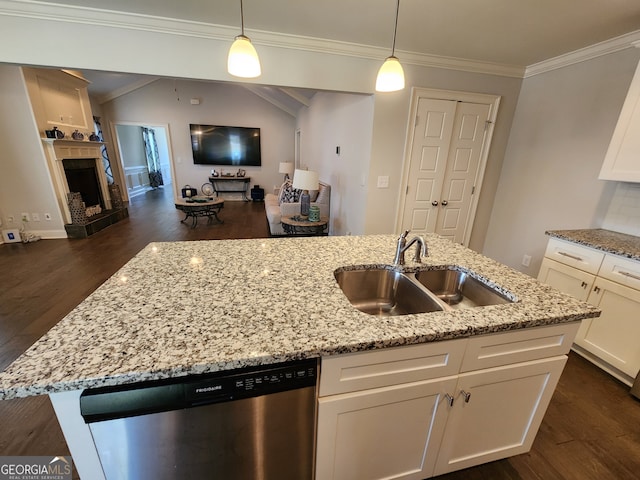 kitchen with sink, dishwasher, dark hardwood / wood-style flooring, pendant lighting, and crown molding