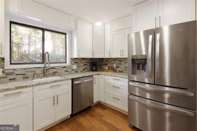 kitchen featuring white cabinets, tasteful backsplash, appliances with stainless steel finishes, and a sink