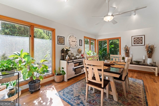 dining space featuring light hardwood / wood-style floors, track lighting, a wealth of natural light, and ceiling fan