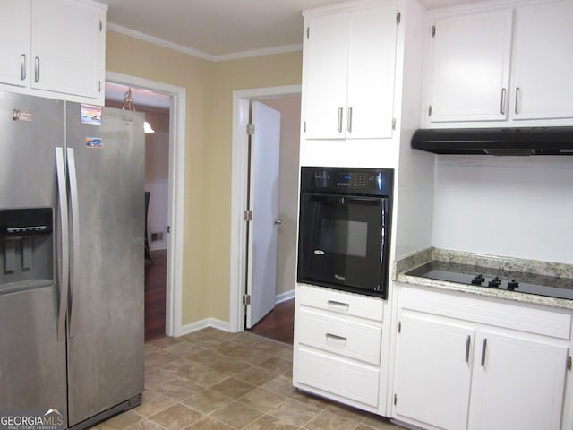 kitchen with ornamental molding, white cabinetry, black appliances, and light stone counters