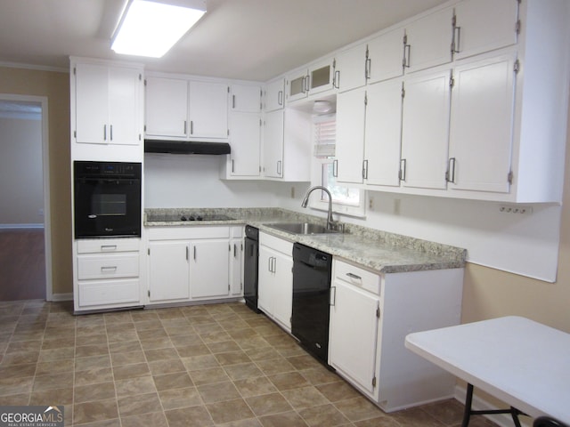 kitchen with sink, black appliances, white cabinets, and ornamental molding