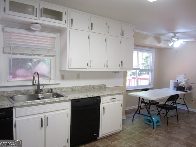 kitchen with white cabinetry, dishwasher, sink, and ceiling fan