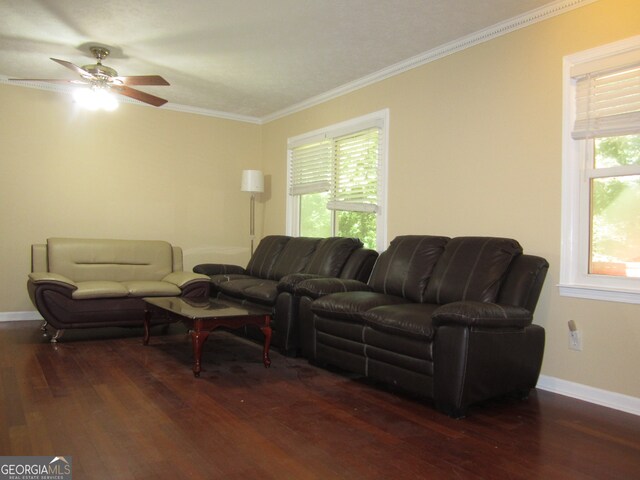 living room with crown molding, ceiling fan, and dark hardwood / wood-style flooring