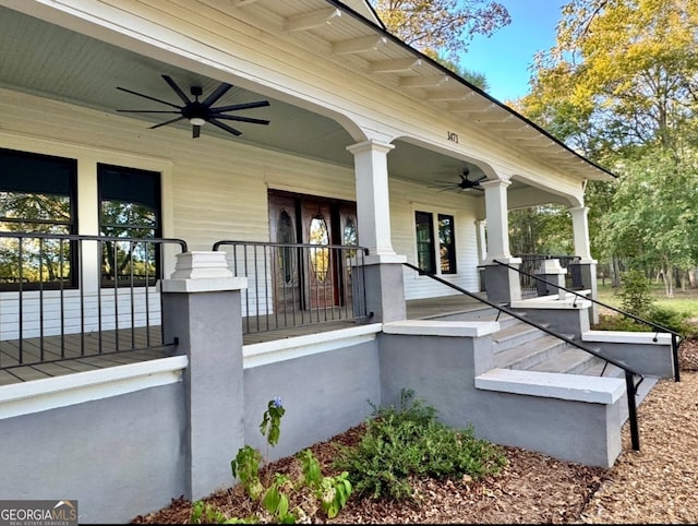 exterior space featuring a porch and ceiling fan