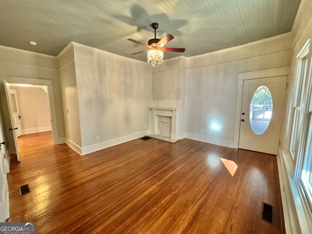 foyer with hardwood / wood-style floors and ceiling fan