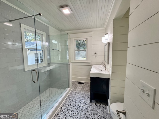 bathroom with walk in shower, vanity, toilet, and plenty of natural light