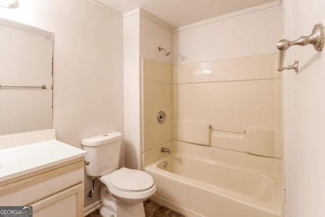 bathroom featuring vanity, a textured ceiling, bathing tub / shower combination, and toilet