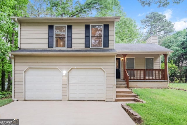 view of front facade with covered porch, a garage, and a front lawn