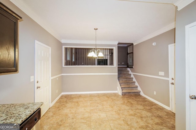 unfurnished dining area with an inviting chandelier and ornamental molding