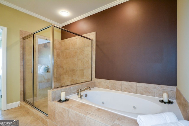 bathroom featuring tile patterned floors, ornamental molding, and shower with separate bathtub