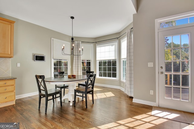 dining area featuring a wealth of natural light, an inviting chandelier, and hardwood / wood-style flooring