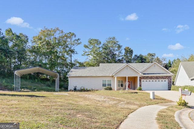 ranch-style home with a garage, a front lawn, and a carport