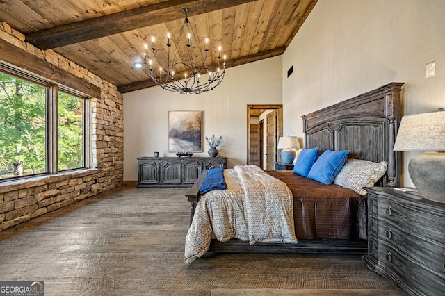 bedroom featuring a notable chandelier, wood ceiling, lofted ceiling with beams, and dark hardwood / wood-style floors