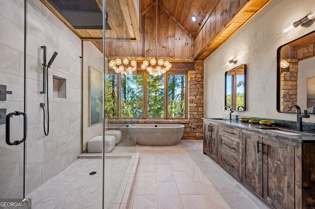 bathroom featuring vanity, wood ceiling, independent shower and bath, and lofted ceiling