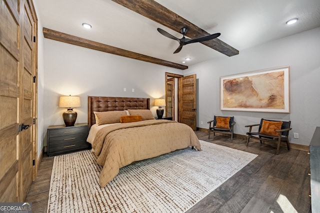 bedroom with hardwood / wood-style floors, beam ceiling, and ceiling fan