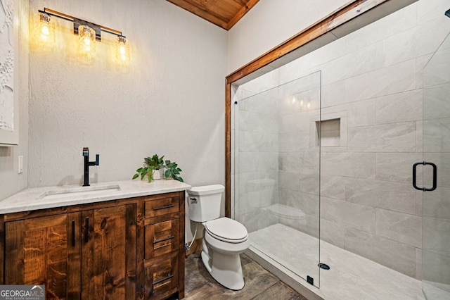 bathroom with vanity, toilet, and a shower with shower door