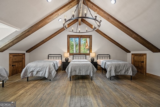 bedroom featuring a notable chandelier, vaulted ceiling with beams, and dark hardwood / wood-style floors