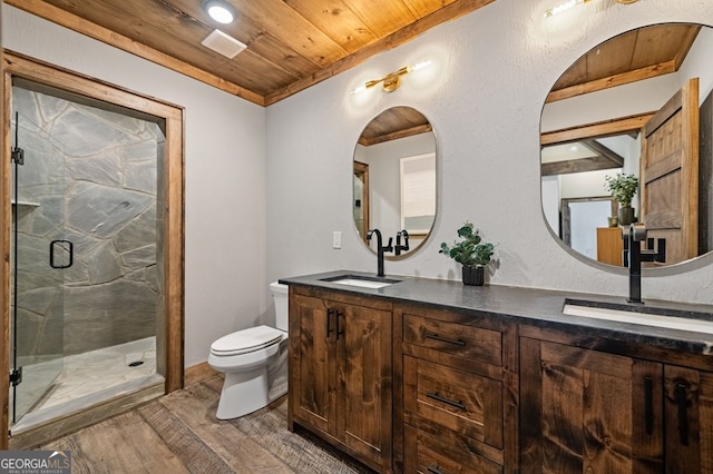 bathroom featuring wood ceiling, wood-type flooring, toilet, vanity, and an enclosed shower