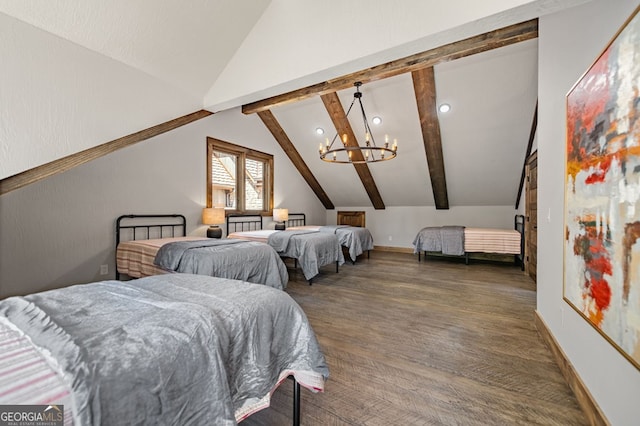 bedroom featuring a notable chandelier, dark hardwood / wood-style floors, and lofted ceiling with beams