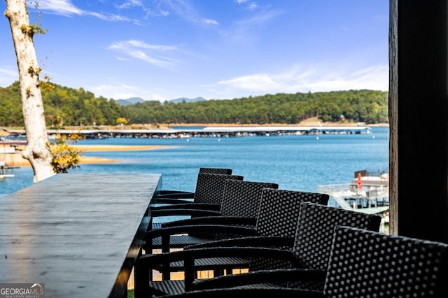 view of swimming pool with a water view