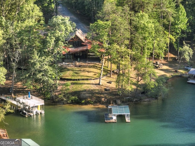 aerial view featuring a water view