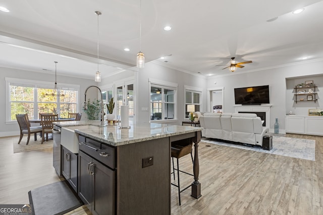 kitchen with stainless steel dishwasher, light wood-style floors, ornamental molding, light stone countertops, and a kitchen bar