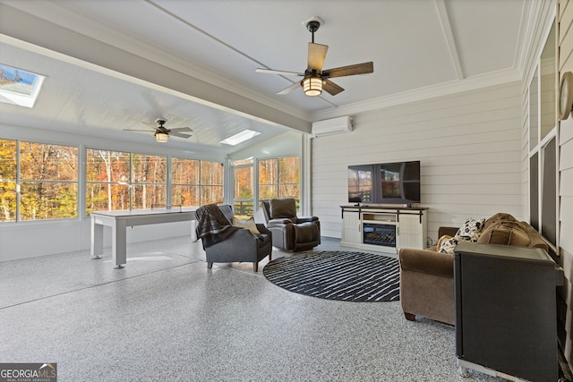 sunroom featuring ceiling fan, a wall unit AC, and vaulted ceiling with beams