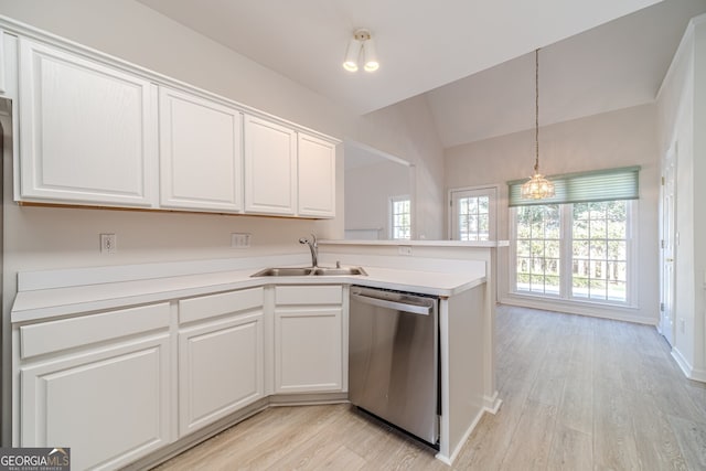 kitchen with white cabinetry, sink, light hardwood / wood-style flooring, dishwasher, and vaulted ceiling