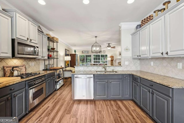 kitchen with stainless steel appliances, backsplash, gray cabinets, sink, and kitchen peninsula