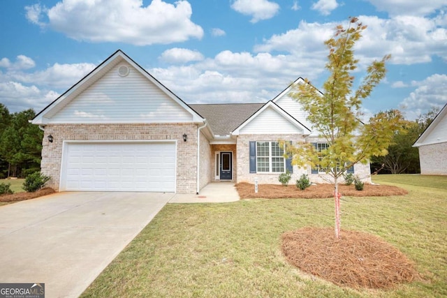 single story home featuring a front lawn and a garage