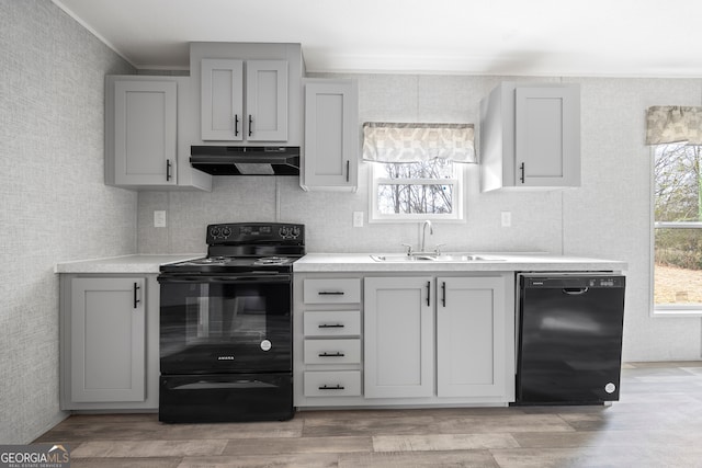 kitchen with gray cabinetry, a wealth of natural light, sink, and black appliances