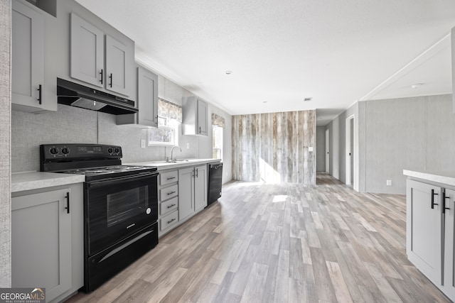 kitchen featuring light hardwood / wood-style flooring, gray cabinets, and black appliances