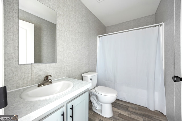 bathroom featuring vanity, wood-type flooring, curtained shower, and toilet