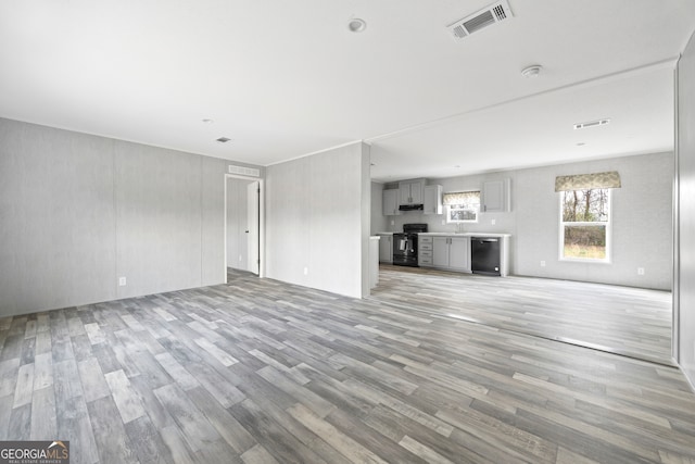 unfurnished living room featuring sink and light wood-type flooring