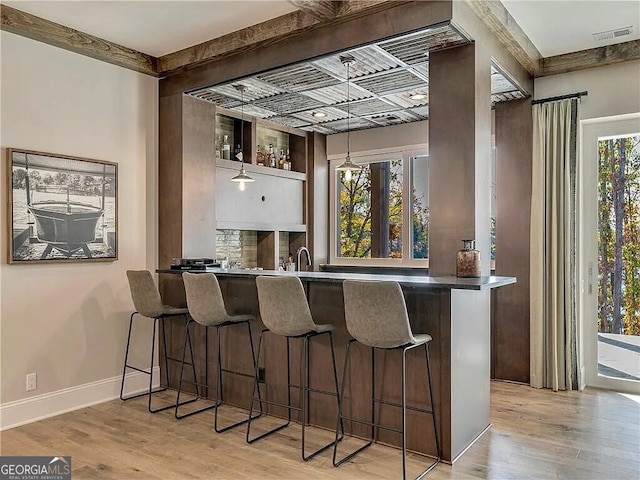 bar featuring light hardwood / wood-style flooring and decorative light fixtures