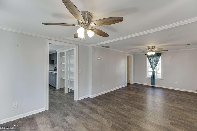 unfurnished room with crown molding, dark hardwood / wood-style flooring, and ceiling fan