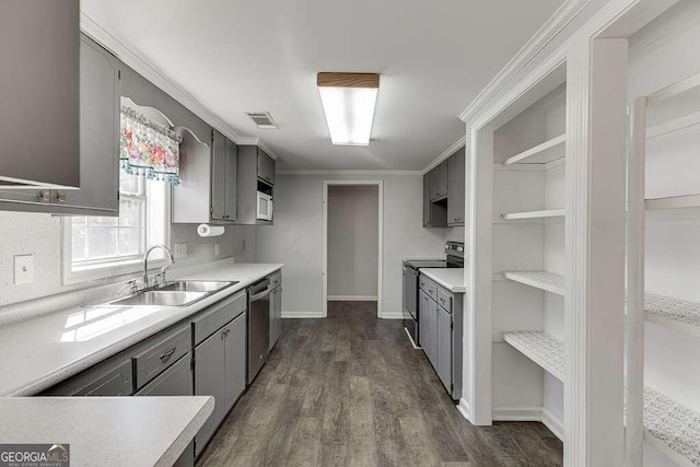 kitchen featuring black / electric stove, dark wood-type flooring, sink, and gray cabinets